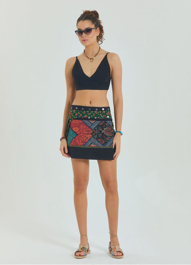 Snap Front Pocket Patchwork Wrapped Black Ethnic Skirt 4686
